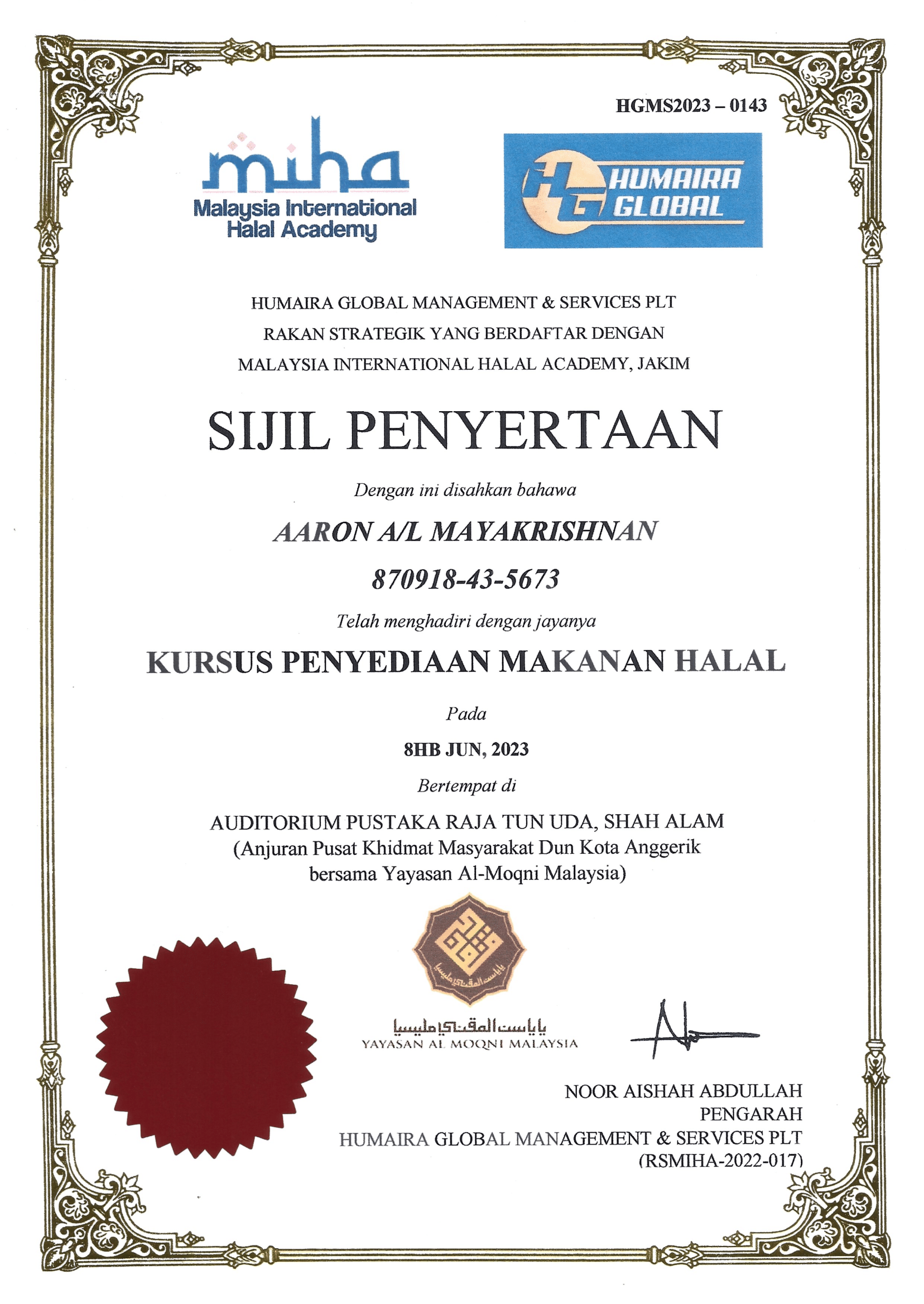 certficate for halal food handler and safety 1
