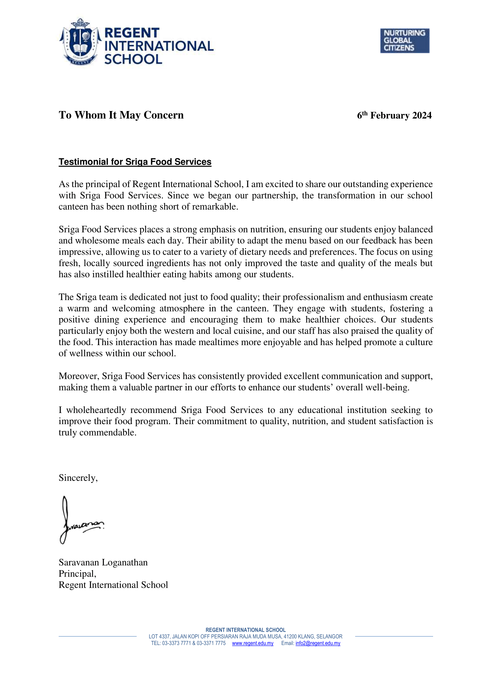 regent klang testimonial letter 1