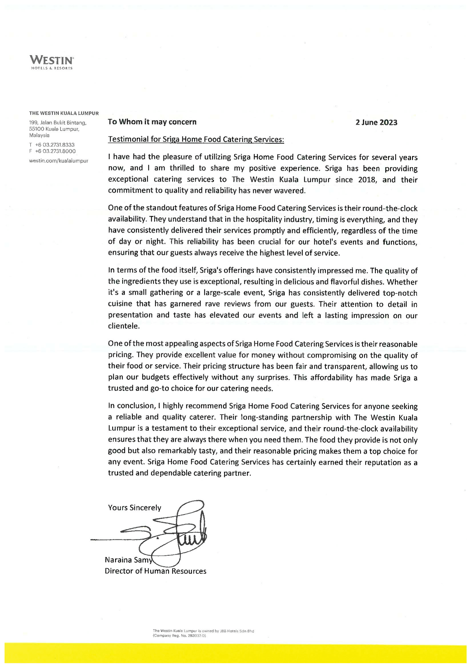 the westin kl testimonial letter 1